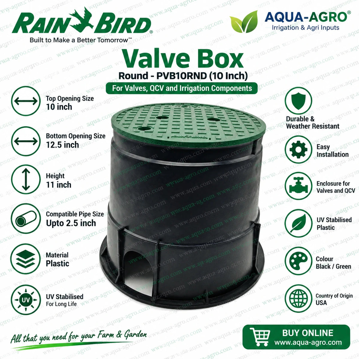 RAIN BIRD PVB Series PVB10RND 10 inch round plastic irrigation valve box with green access lid black corrugated body UV stabilized construction 10 inch top opening 12.5 inch bottom opening and 11 inch height for underground irrigation valves and quick coupling valves