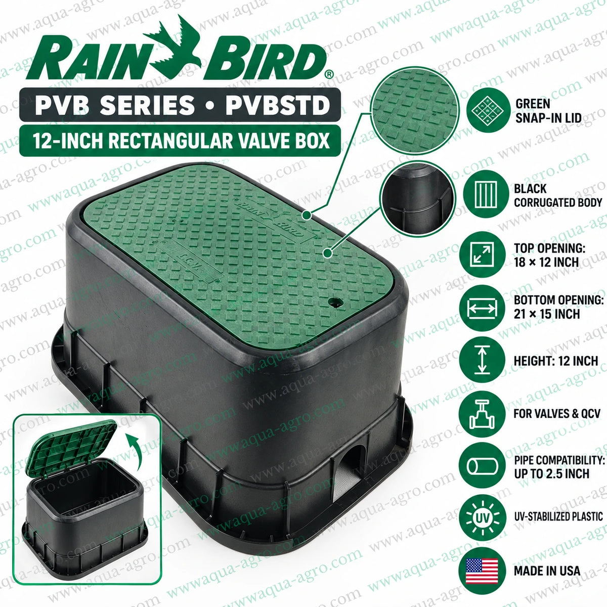 RAIN BIRD PVB Series PVBSTD 12 inch rectangular plastic irrigation valve box with green snap in access lid black corrugated body UV stabilized construction 18 x 12 inch top opening 21 x 15 inch bottom opening and 12 inch height for underground irrigation valves and quick coupling valves