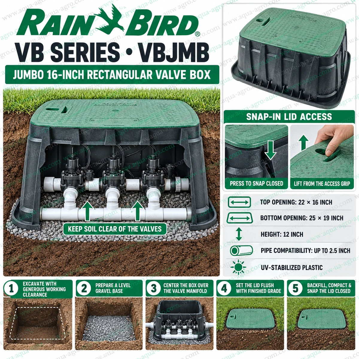 RAIN BIRD VB Series VBJMB Jumbo 16 inch rectangular underground irrigation valve box installed in landscaped garden lawn with open green access lid protecting four irrigation solenoid valves PVC pipe manifold and electrical connections for commercial landscaping garden sprinkler systems and irrigation automation