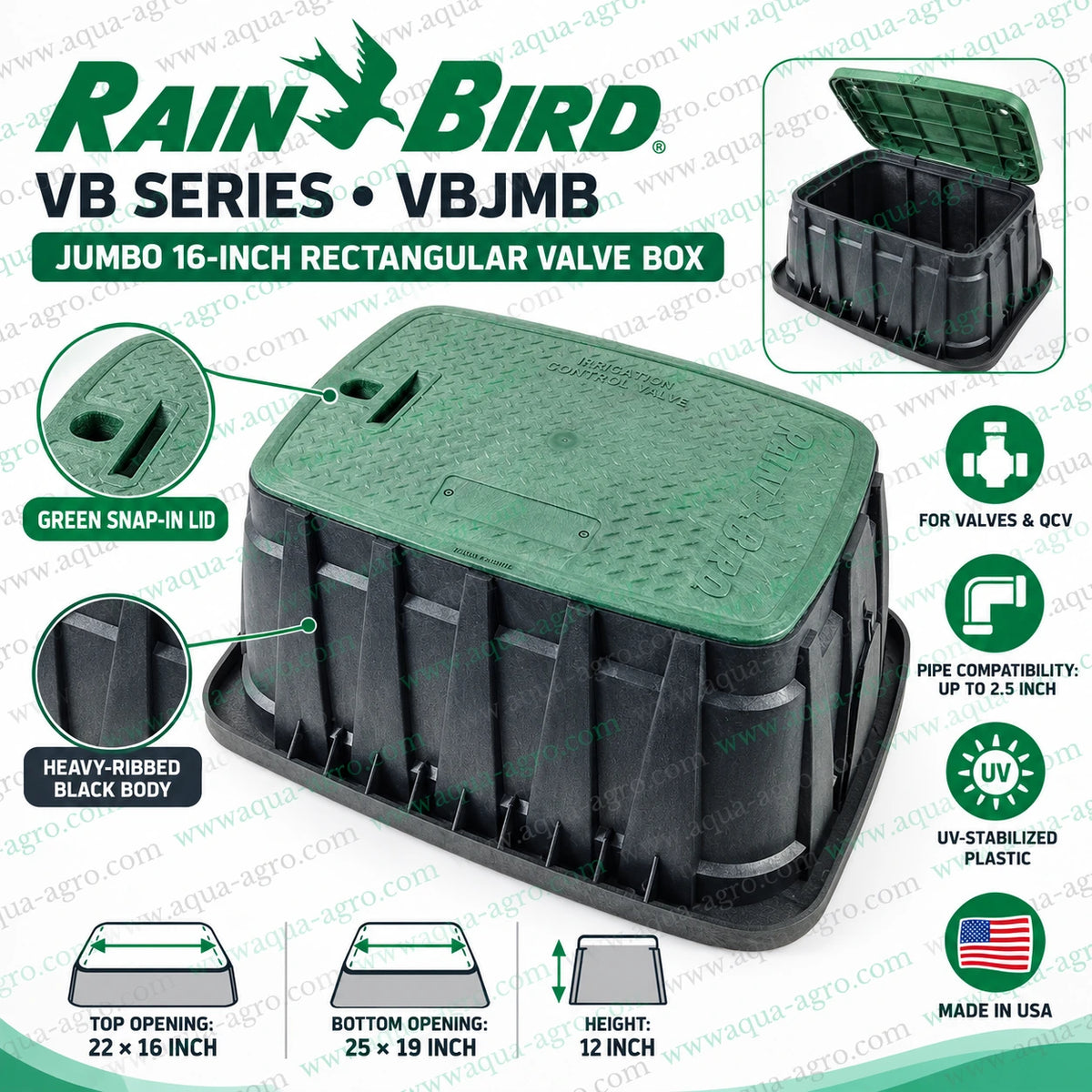 RAIN BIRD VB Series VBJMB Jumbo 16 inch rectangular plastic irrigation valve box with green snap in lid heavy ribbed black body UV stabilized construction 22 x 16 inch top opening 25 x 19 inch bottom opening and 12 inch height for underground irrigation valves and quick coupling valves