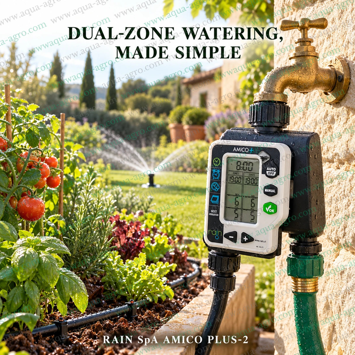 RAIN SpA AMICO PLUS-2 dual outlet digital tap timer installed on garden water tap for automatic irrigation control of sprinklers and drip watering systems with battery operated programmable scheduling