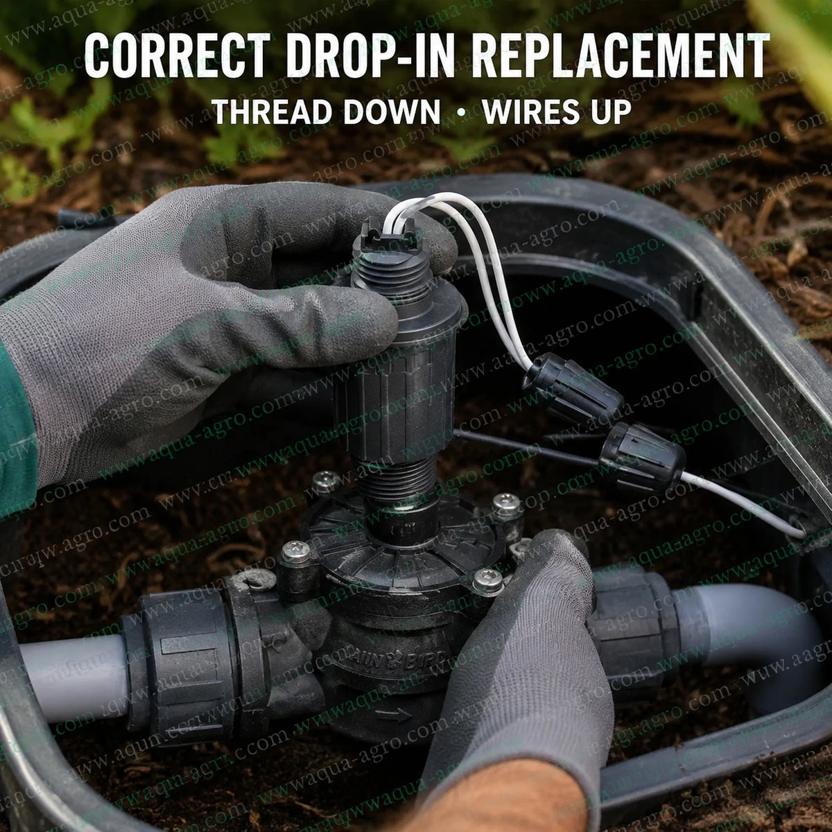 RAIN BIRD SOLASSG4 24 VAC replacement solenoid coil installation on Rain Bird irrigation valve with threaded connection and lead wires for automatic water control systems
