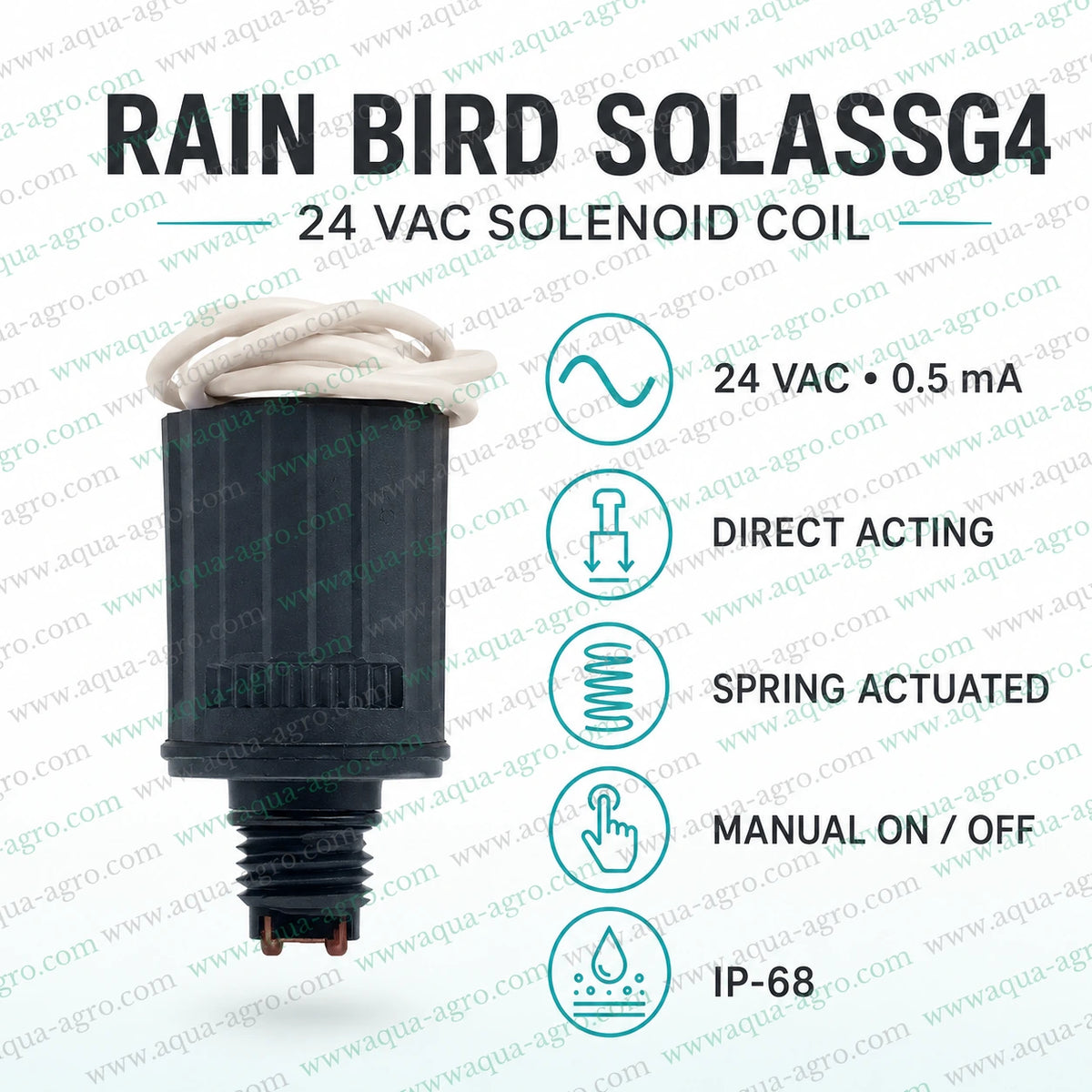 RAIN BIRD SOLASSG4 24 VAC solenoid coil for irrigation automation valves with direct acting spring actuated manual on off operation and IP68 water resistant design