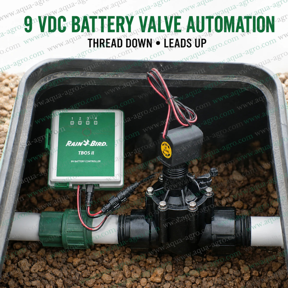 RAIN BIRD TBOSPSOL 9 VDC latching solenoid coil installed with TBOS battery irrigation controller and Rain Bird valve for automatic landscape garden and agricultural irrigation systems