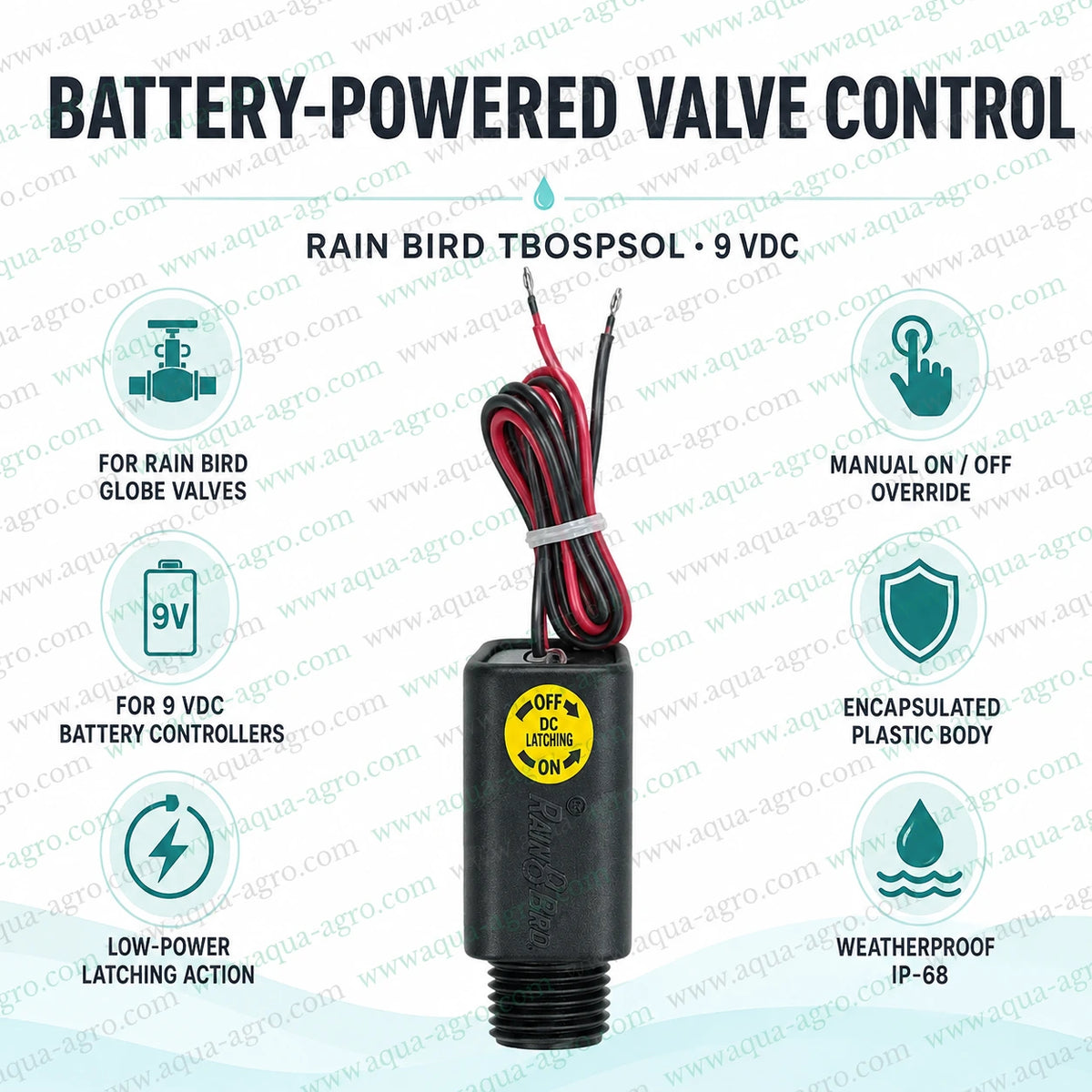 RAIN BIRD TBOSPSOL 9 VDC latching solenoid coil for battery operated irrigation automation valves with manual on off override low power operation and weatherproof IP68 design
