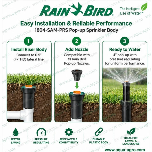 RAIN BIRD 1804-SAM-PRS 4 inch pop-up sprinkler installation with pressure regulating body compatible with Rain Bird pop-up nozzles for efficient landscape irrigation