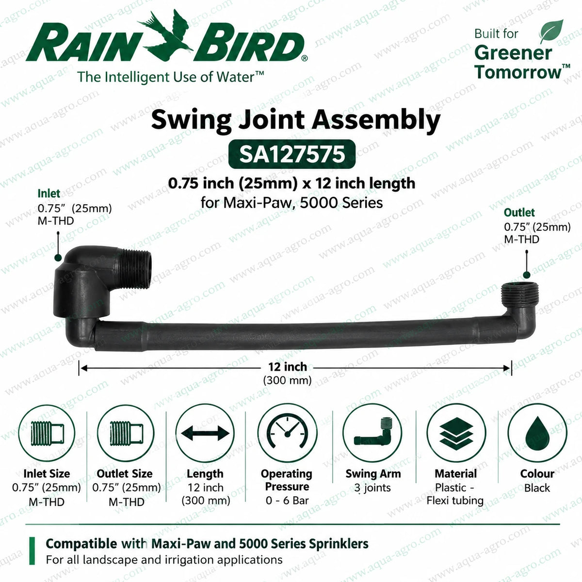 RAIN BIRD SA127575 swing joint assembly for pop up sprinkler irrigation with 0.75 inch 25mm male threaded inlet and outlet 12 inch 300mm length flexible 3 joint swing arm 0 to 6 bar operating pressure durable black plastic flexi tubing compatible with Rain Bird Maxi-Paw and 5000 series sprinklers for lawn and landscape irrigation