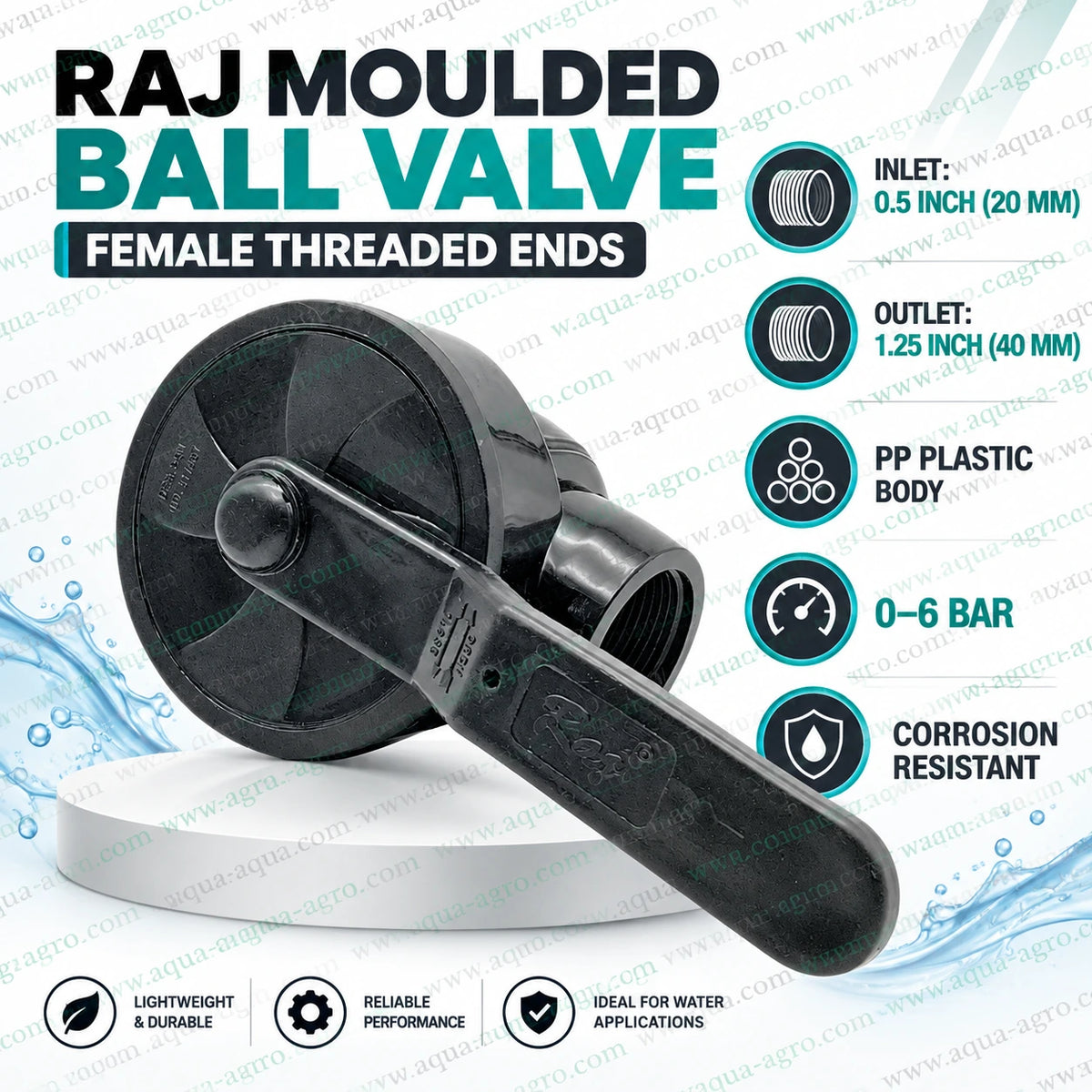 RAJ PP plastic moulded ball valve with female threaded ends, corrosion-resistant body and 0 to 6 bar pressure rating for water applications