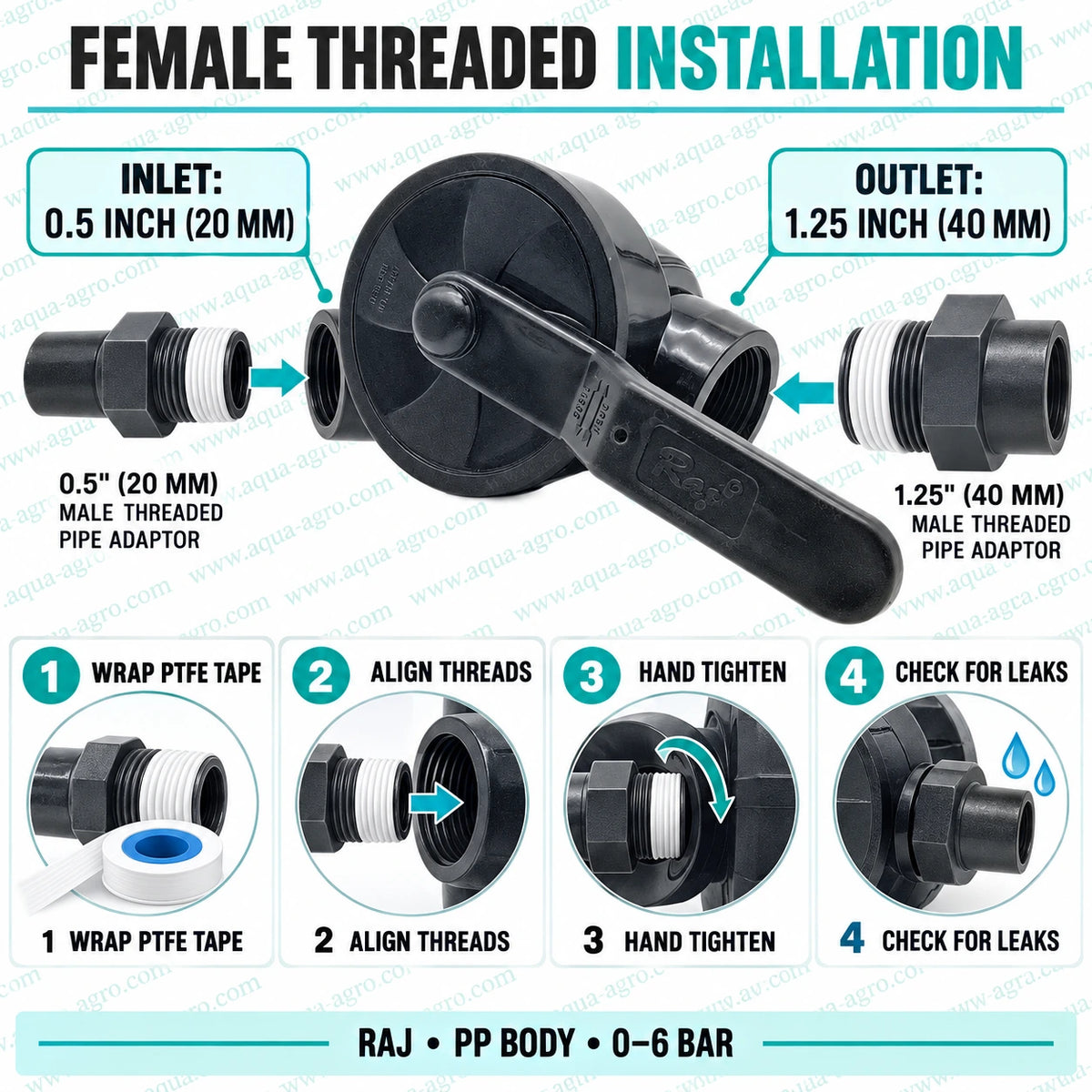 RAJ PP moulded ball valve female threaded installation guide showing male threaded pipe adaptor connection with PTFE tape