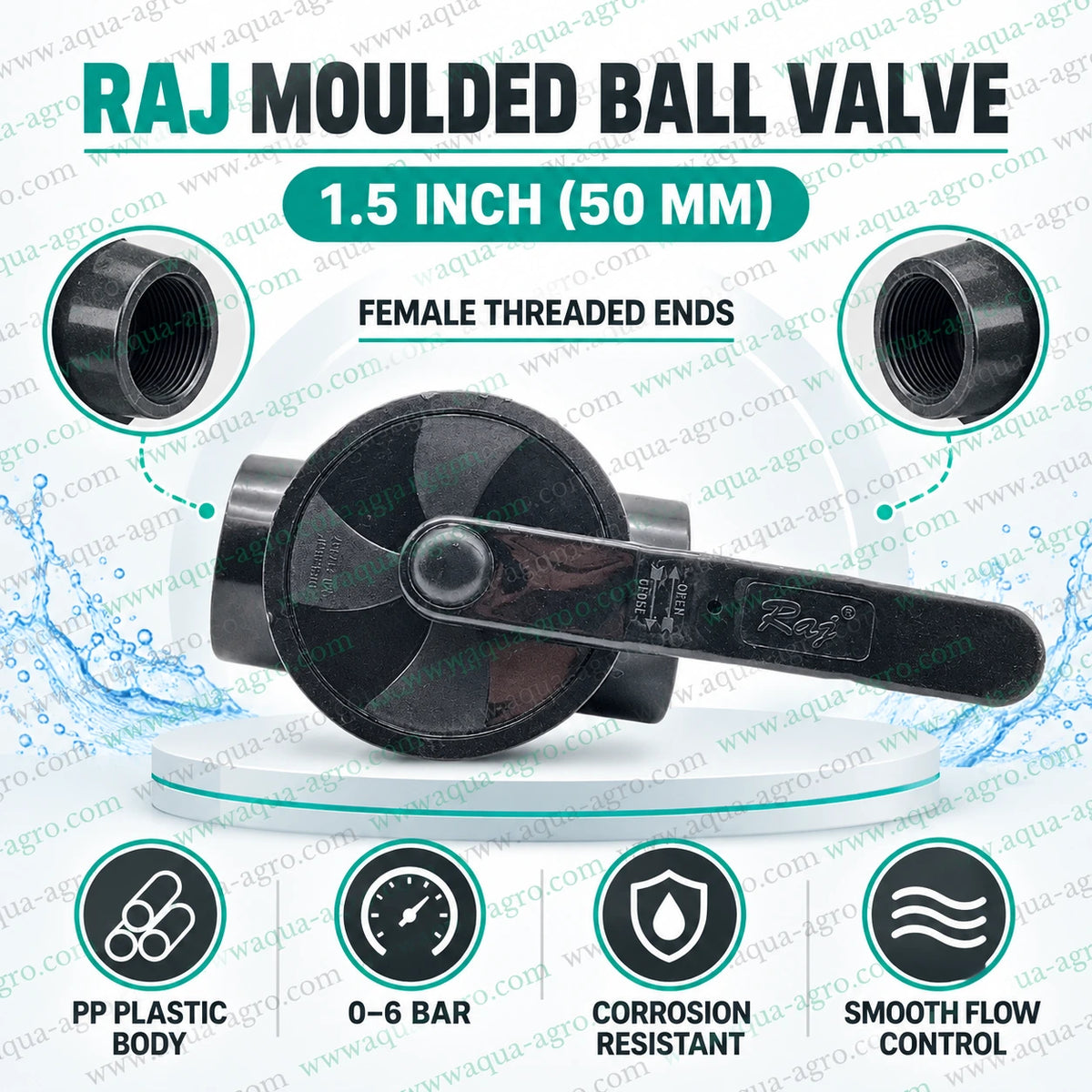 RAJ 1.5 inch 50mm PP plastic moulded ball valve with female threaded ends, corrosion-resistant body and 0 to 6 bar pressure rating