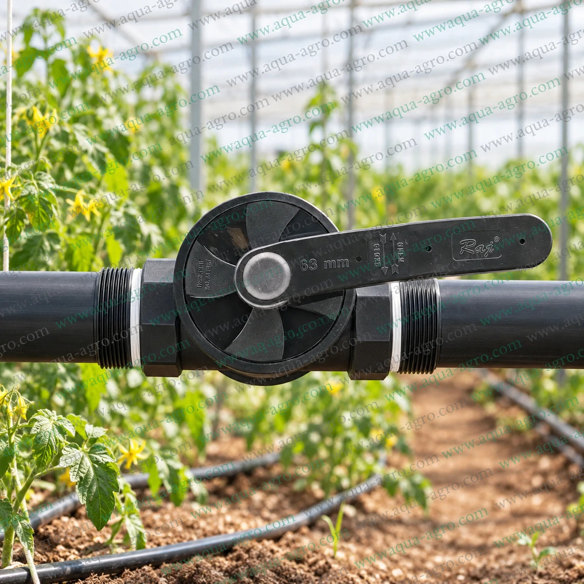 RAJ 2 inch 63mm PP moulded female threaded ball valve installed on agricultural irrigation pipeline for farm water flow control