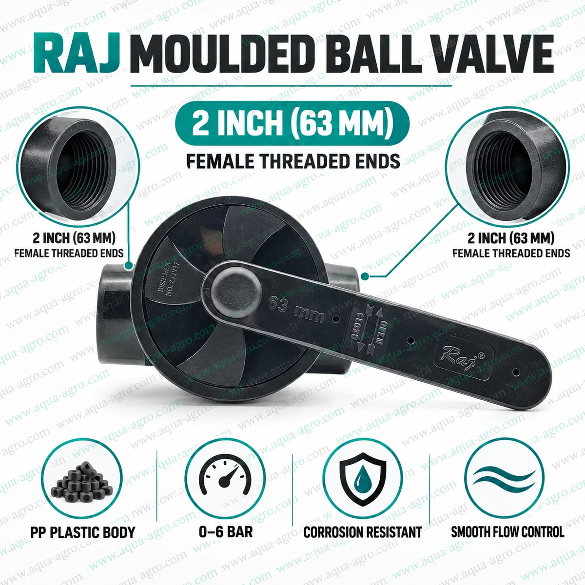RAJ 2 inch 63mm PP plastic moulded ball valve with female threaded ends, corrosion-resistant body and 0 to 6 bar pressure rating