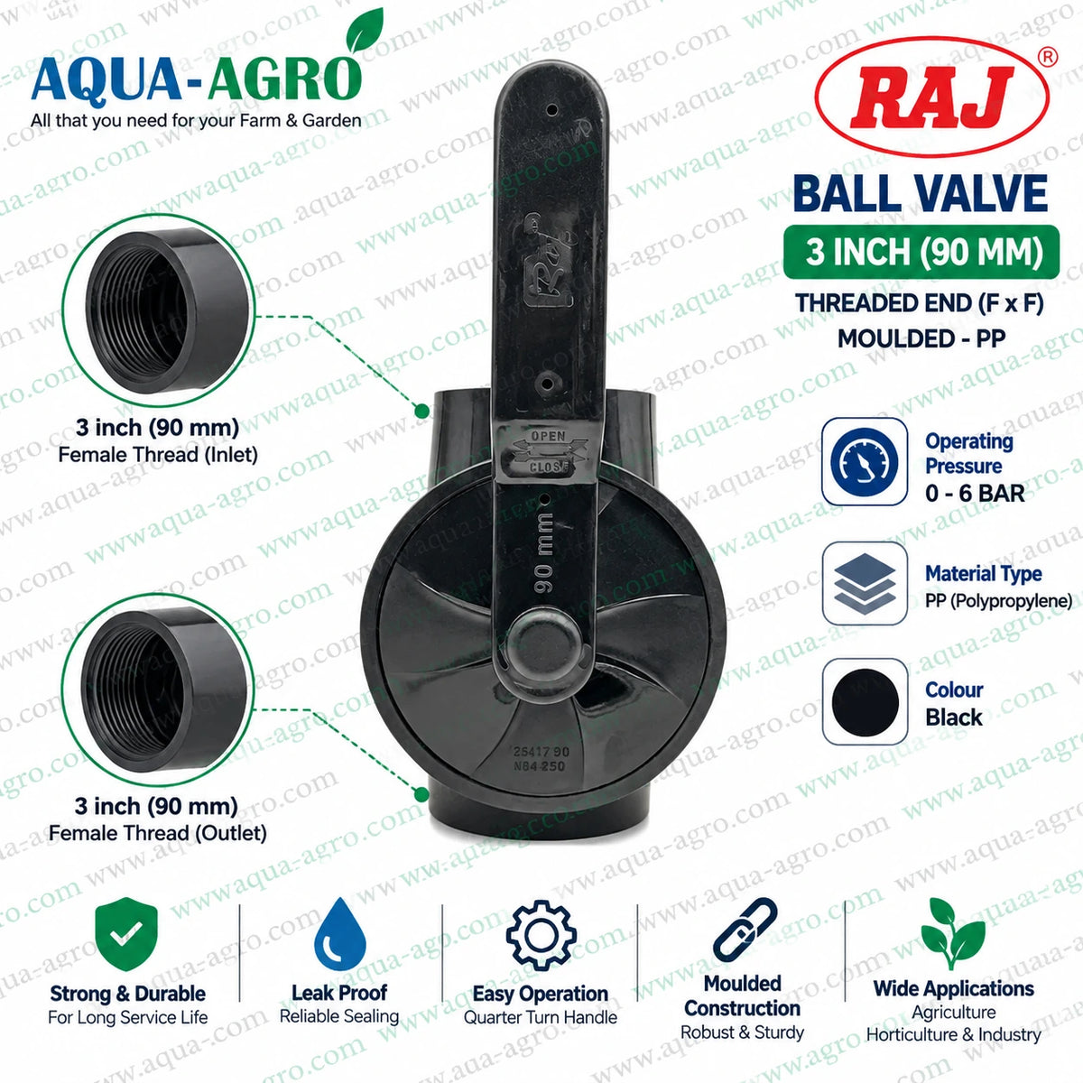 RAJ 3 inch 90mm polypropylene moulded ball valve with female threaded inlet and outlet, leak-proof construction and quarter-turn flow control for agriculture and irrigation systems