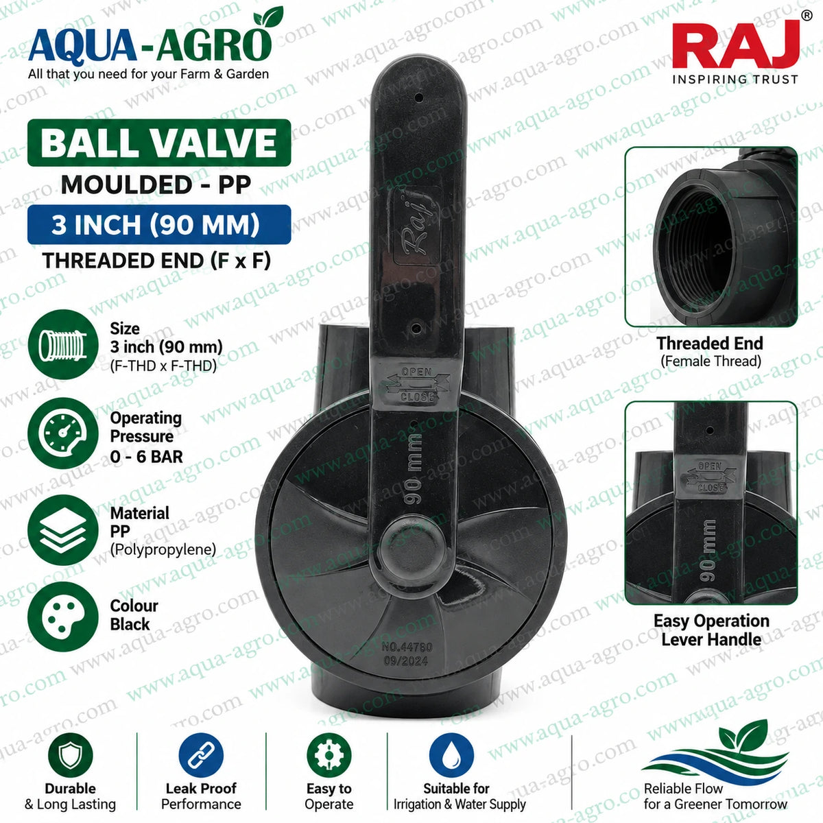 RAJ 3 inch 90mm PP moulded ball valve with female threaded ends, 0–6 bar operating pressure and lever handle for irrigation water flow control