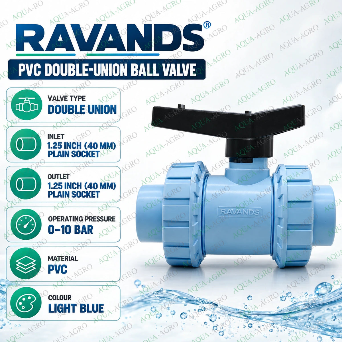 RAVANDS PVC double union ball valve 1.25 inch 40 mm with plain socket inlet and outlet light blue PVC body black handle removable double union connections and 0 to 10 bar pressure rating for irrigation plumbing and agricultural water supply systems