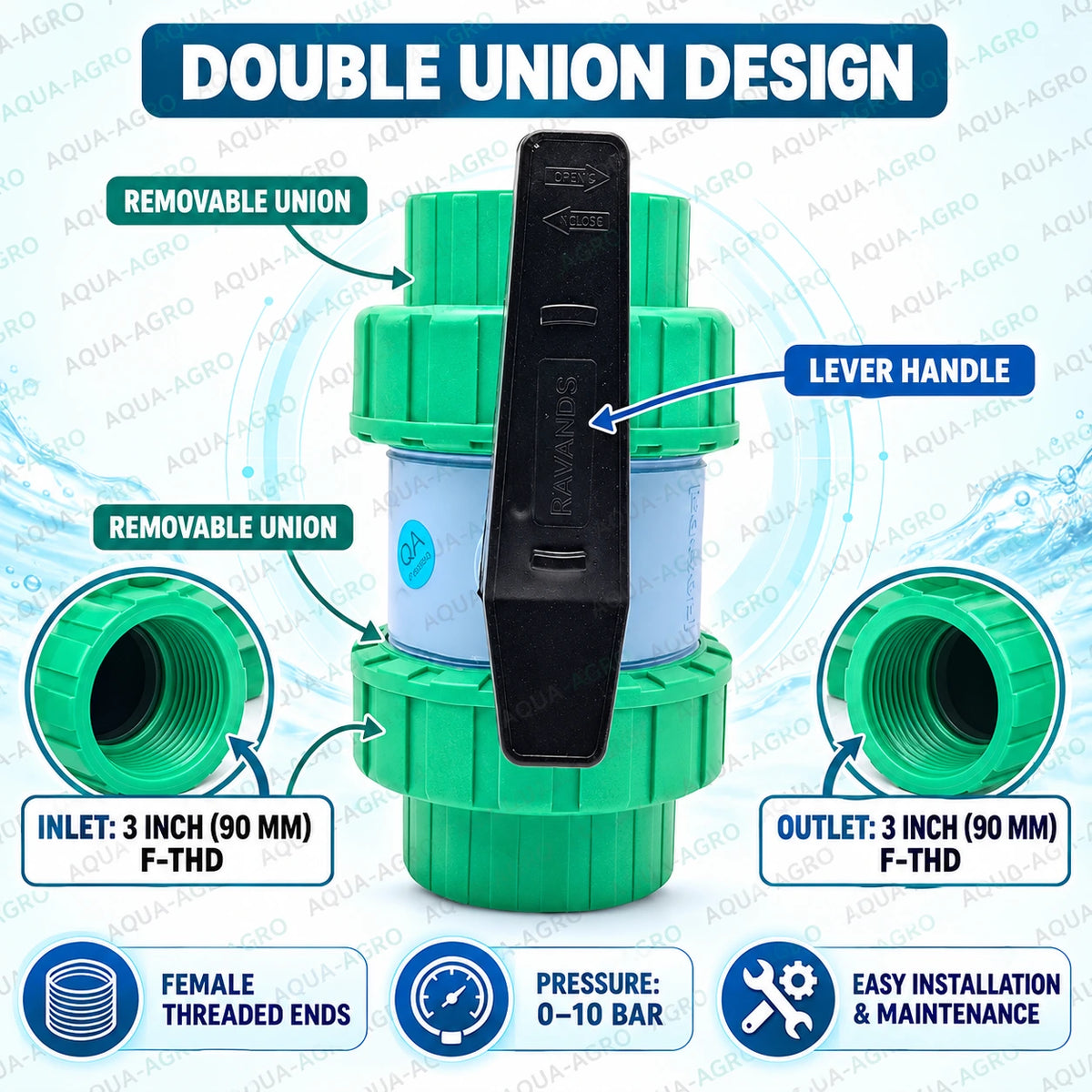 RAVANDS PVC double union ball valve 3 inch 90 mm female threaded inlet and outlet with green union connectors black quarter turn lever handle and removable fittings for easy installation and maintenance in irrigation pipelines and agricultural water supply systems