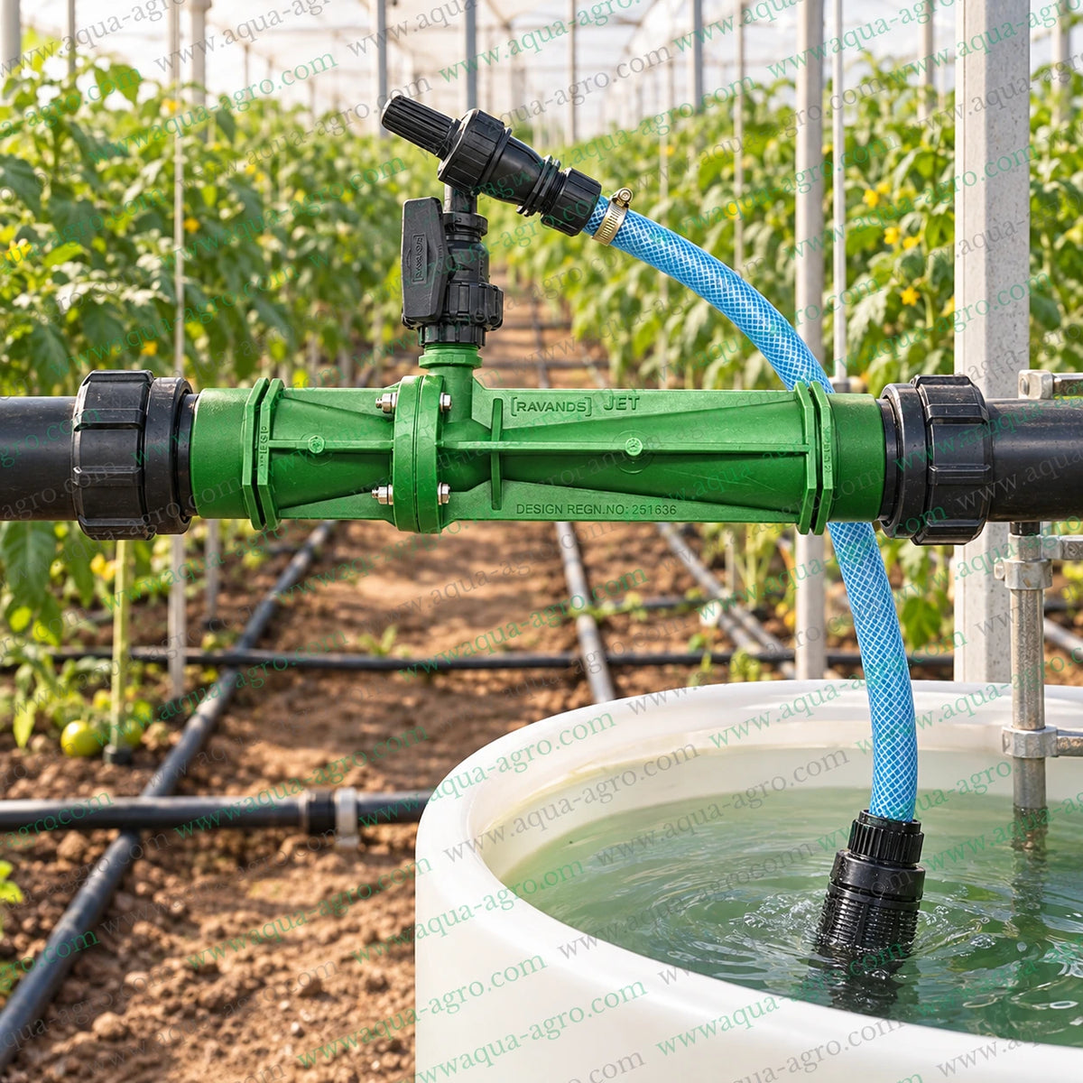 RAVANDS RAV-VEN-63-JET 2 inch 63mm green Venturi fertilizer injector installed in greenhouse irrigation pipeline with suction control valve blue braided hose and submerged intake filter in fertilizer solution tank for agricultural fertigation and drip irrigation systems