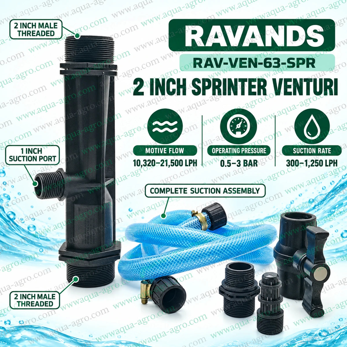 RAVANDS RAV-VEN-63-SPR Sprinter Venturi fertilizer injector 2 inch 63mm black colour with male threaded inlet and outlet 1 inch suction port blue braided suction hose and control valve for agricultural drip irrigation and fertigation systems