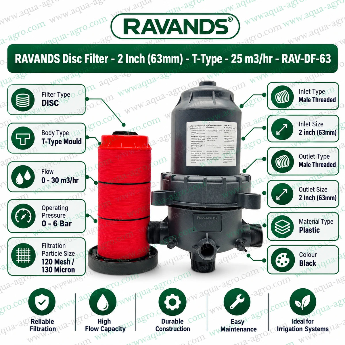 RAVANDS RAV-DF-63 2 inch 63mm T type disc irrigation filter with black plastic body red reusable disc cartridge 120 mesh 130 micron filtration 25 m3 per hour flow capacity 0 to 6 bar operating pressure and male threaded inlet and outlet for drip irrigation and sprinkler systems