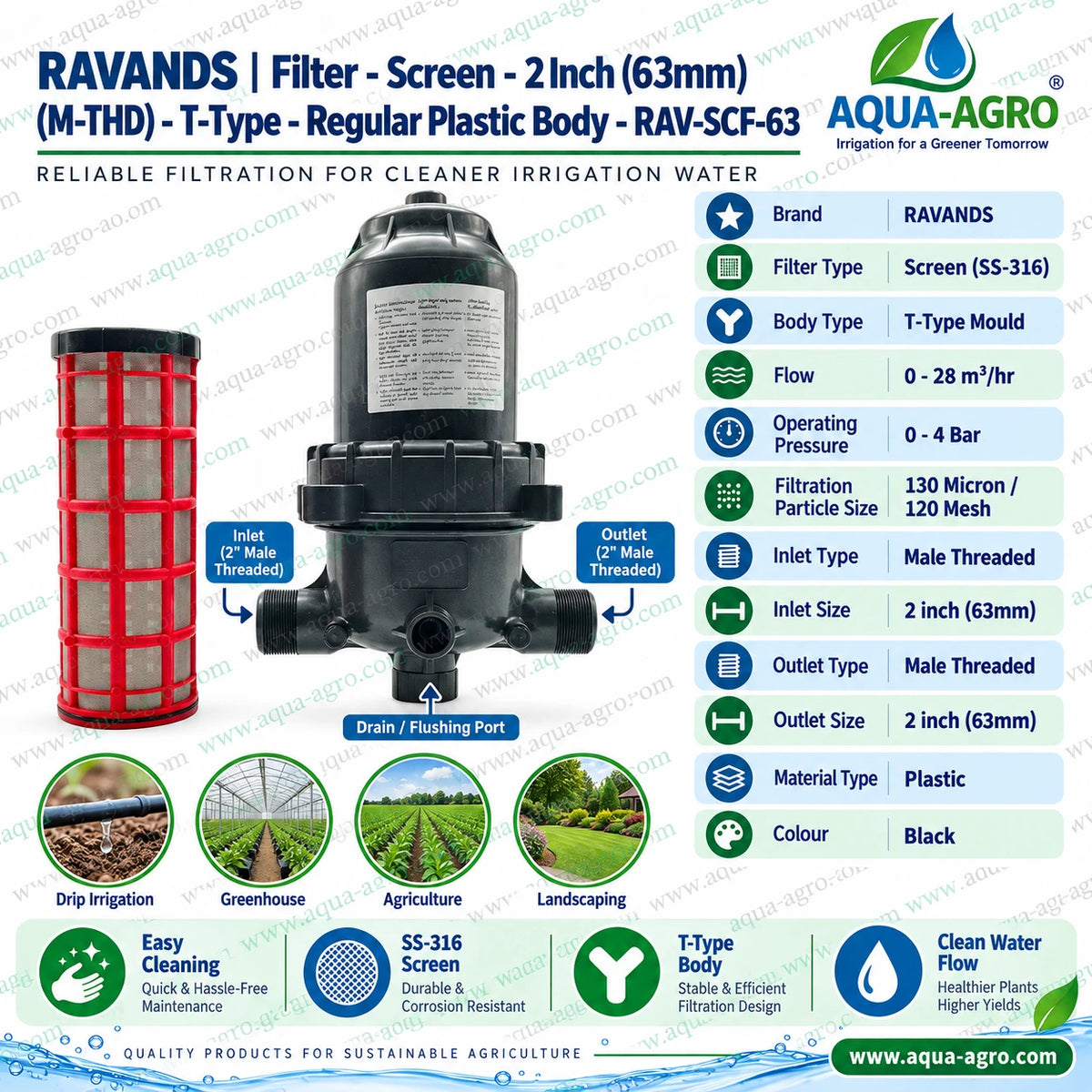 RAVANDS RAV-SCF-63 2 inch 63mm male threaded T type irrigation screen filter with removable SS316 stainless steel screen element 130 micron 120 mesh filtration 25 m³ per hour rated flow durable black plastic body and bottom flushing port for agricultural drip irrigation greenhouse farming and sprinkler irrigation systems
