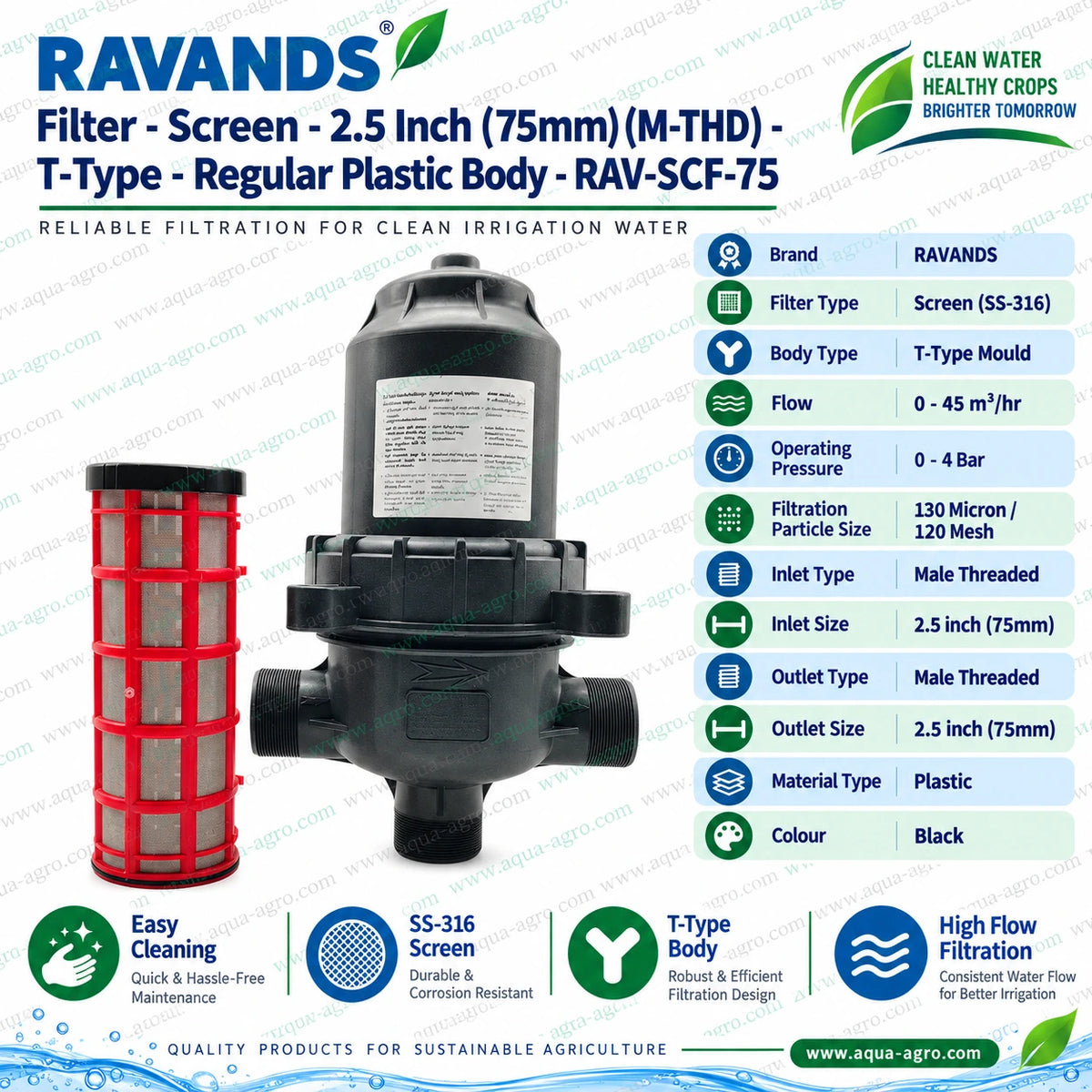 RAVANDS RAV-SCF-75 2.5 inch 75mm male threaded T type irrigation screen filter with removable SS316 stainless steel screen element 130 micron 120 mesh filtration 30 m³ per hour rated flow capacity 0 to 4 bar operating pressure durable black plastic body for agricultural drip irrigation sprinkler systems and greenhouse water filtration