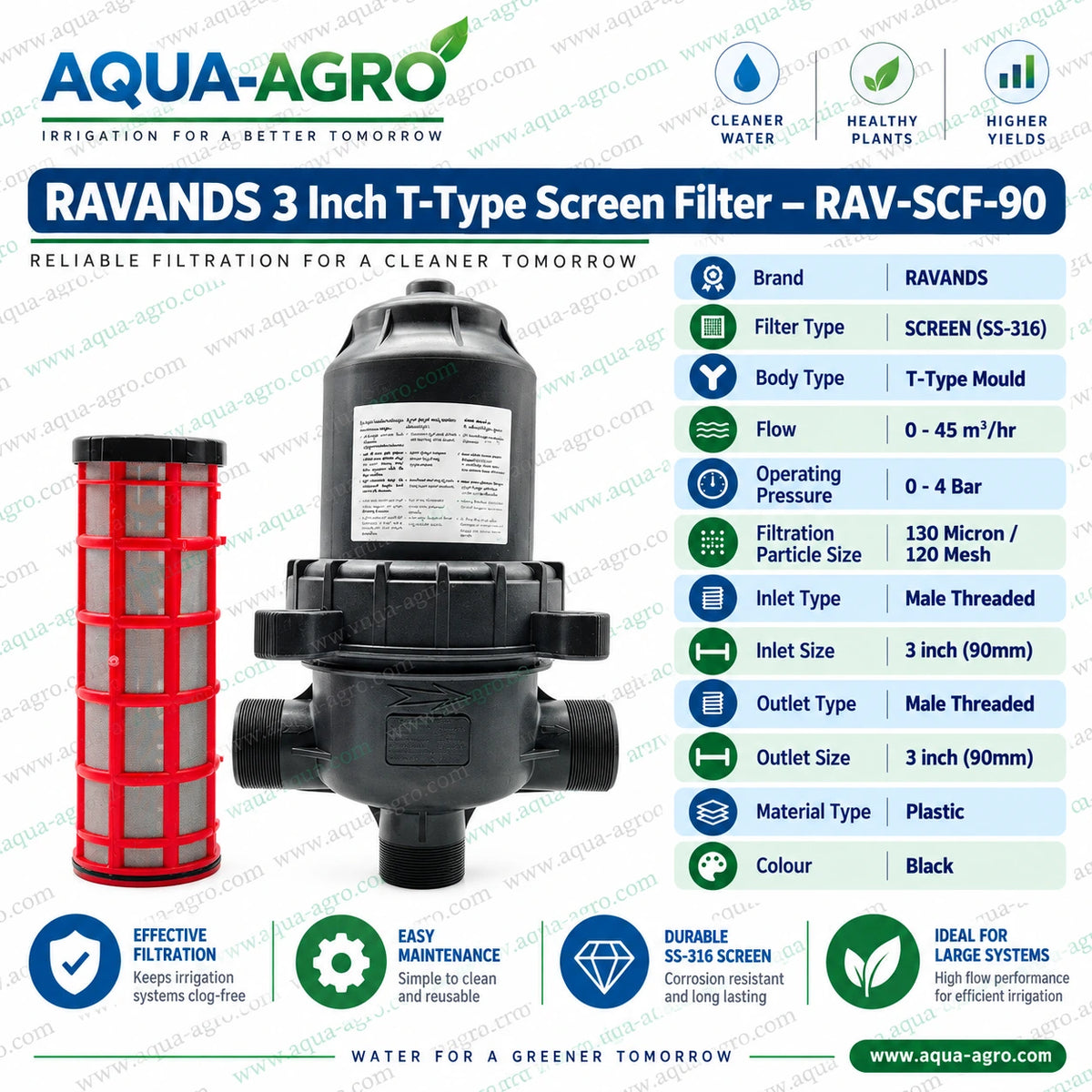 RAVANDS RAV-SCF-90 3 inch 90mm male threaded T type irrigation screen filter with removable SS316 stainless steel screen cartridge 130 micron 120 mesh filtration 40 m³ per hour rated flow capacity 0 to 4 bar operating pressure durable black plastic body for agricultural drip irrigation sprinkler systems and greenhouse water filtration