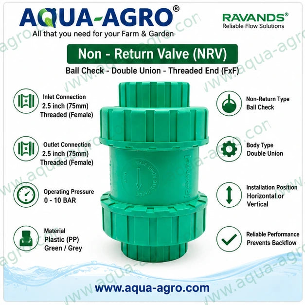 RAVANDS 2.5 inch 75mm plastic ball check non return valve double union female threaded with 0 to 10 bar operating pressure for irrigation and water systems