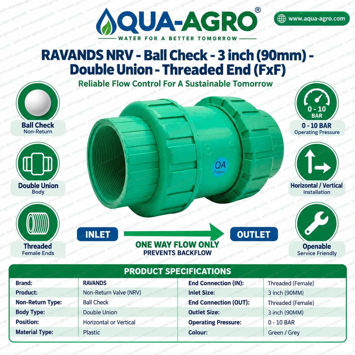 RAVANDS 3 inch 90mm plastic ball check non return valve double union female threaded with 0 to 10 bar operating pressure for irrigation systems