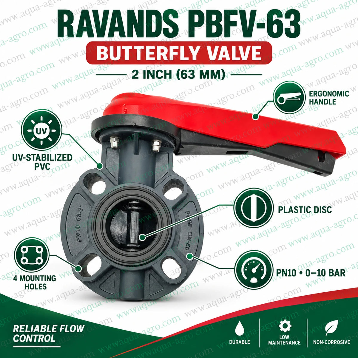 RAVANDS PBFV-63 butterfly valve 2 inch 63mm PVC body plastic disc PN10 0 to 10 bar irrigation valve product specification