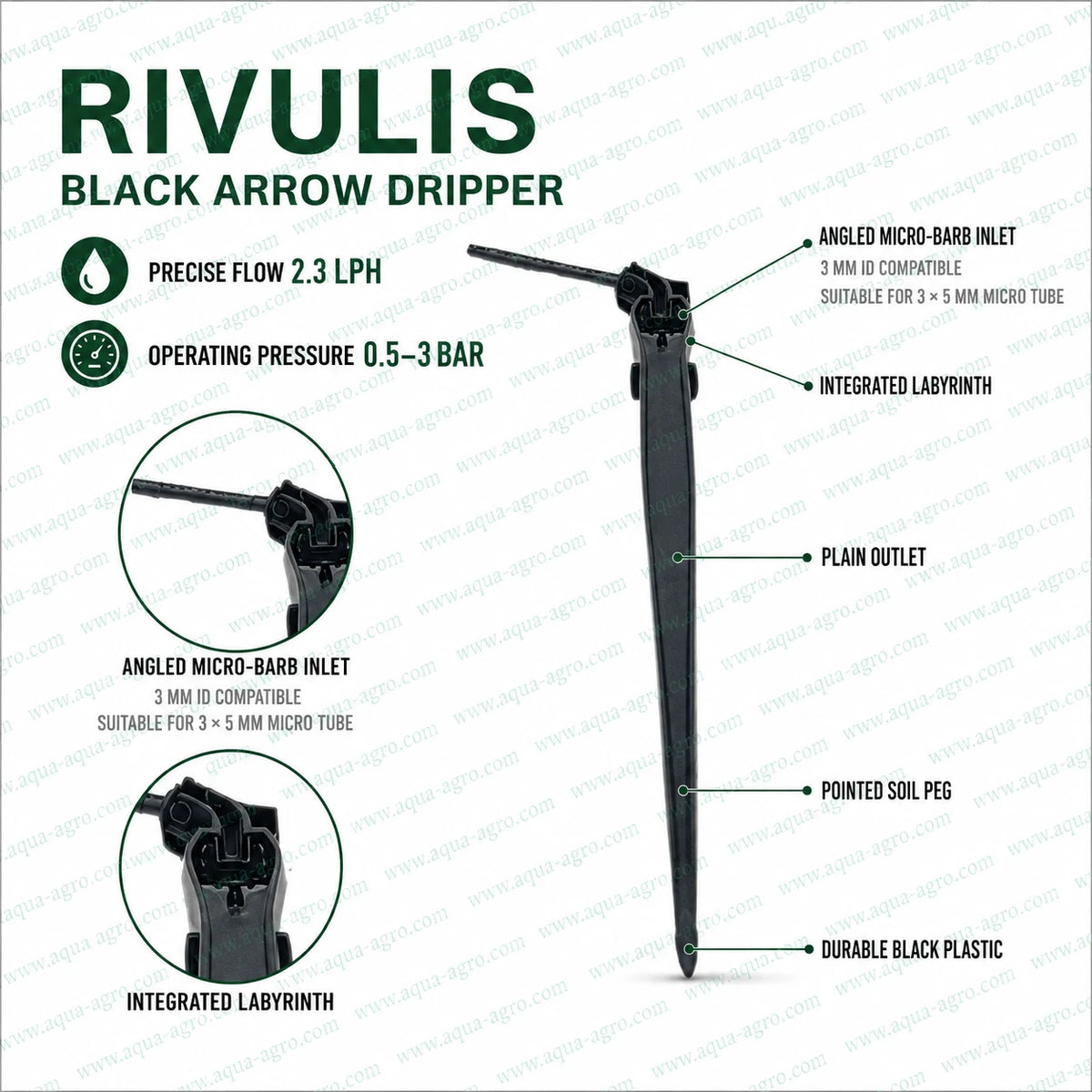 RIVULIS Black Arrow Dripper 2.3 LPH with integrated labyrinth, angled micro barb inlet and 3x5mm micro tube compatibility