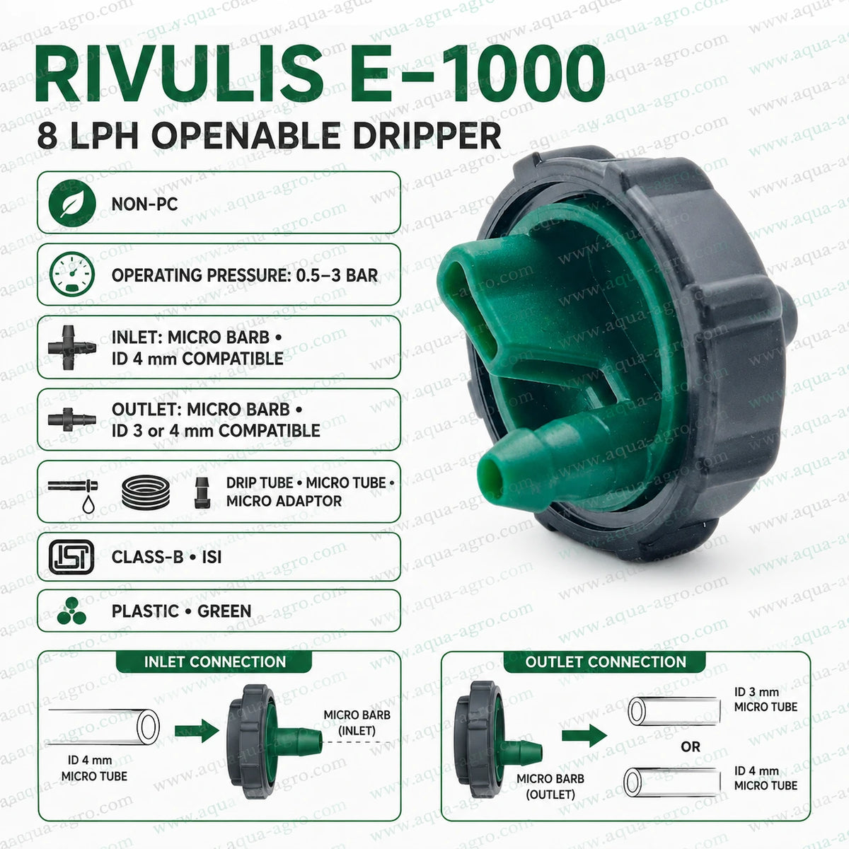 RIVULIS E-1000 8 LPH non-PC openable drip emitter with green micro barb inlet and outlet, Class-B ISI certified for drip irrigation