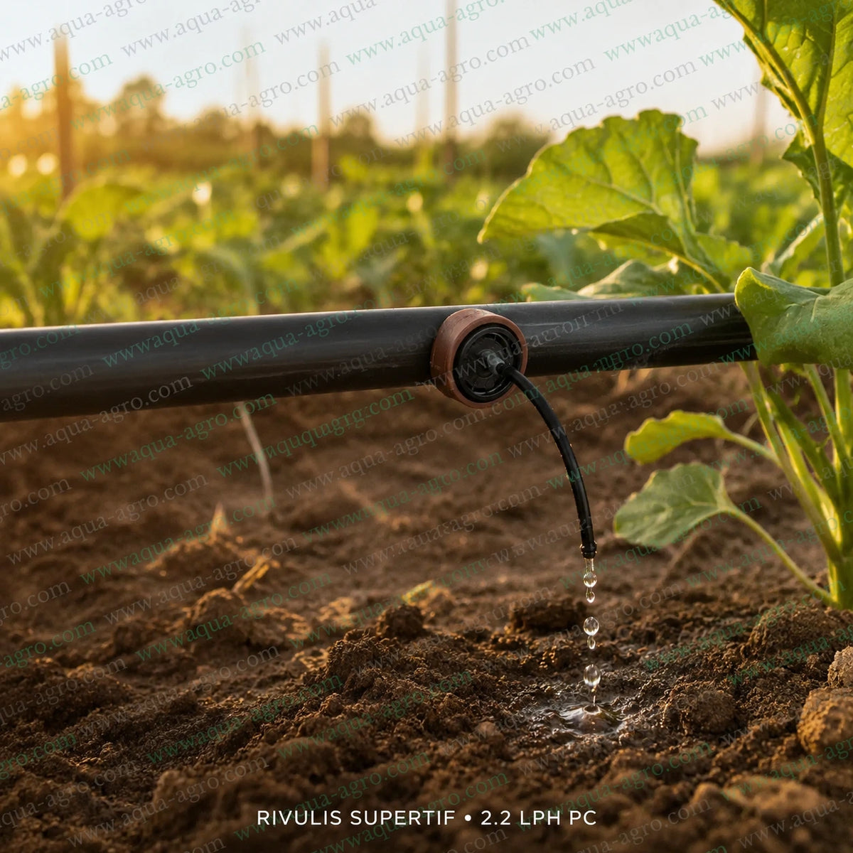 Pressure compensated 2.2 LPH RIVULIS Supertif emitter supplying uniform irrigation water directly to crop root zone
