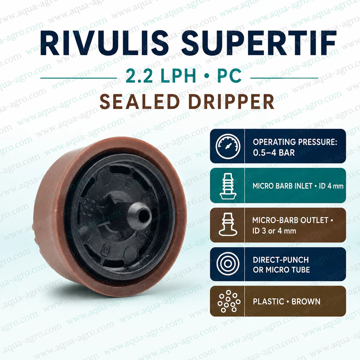 RIVULIS Supertif 2.2 LPH pressure compensated sealed dripper with brown body micro barb inlet and barb outlet for drip irrigation