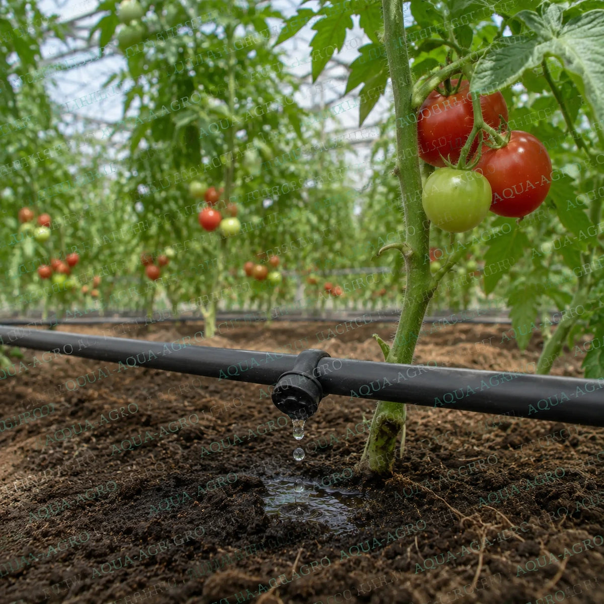 RIVULIS Katif 2.3 LPH PC sealed dripper installed on drip irrigation pipe, delivering water directly to tomato plant root zone
