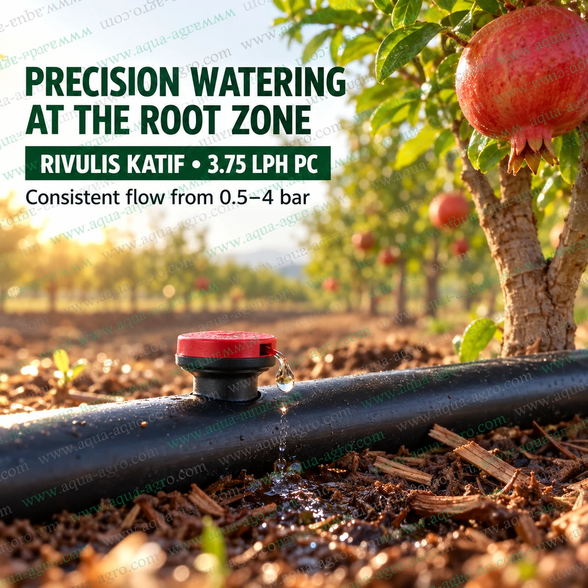 RIVULIS Katif 3.75 LPH pressure compensated red dripper installed on black drip irrigation pipe delivering controlled water flow directly to pomegranate tree root zone in agricultural orchard irrigation system