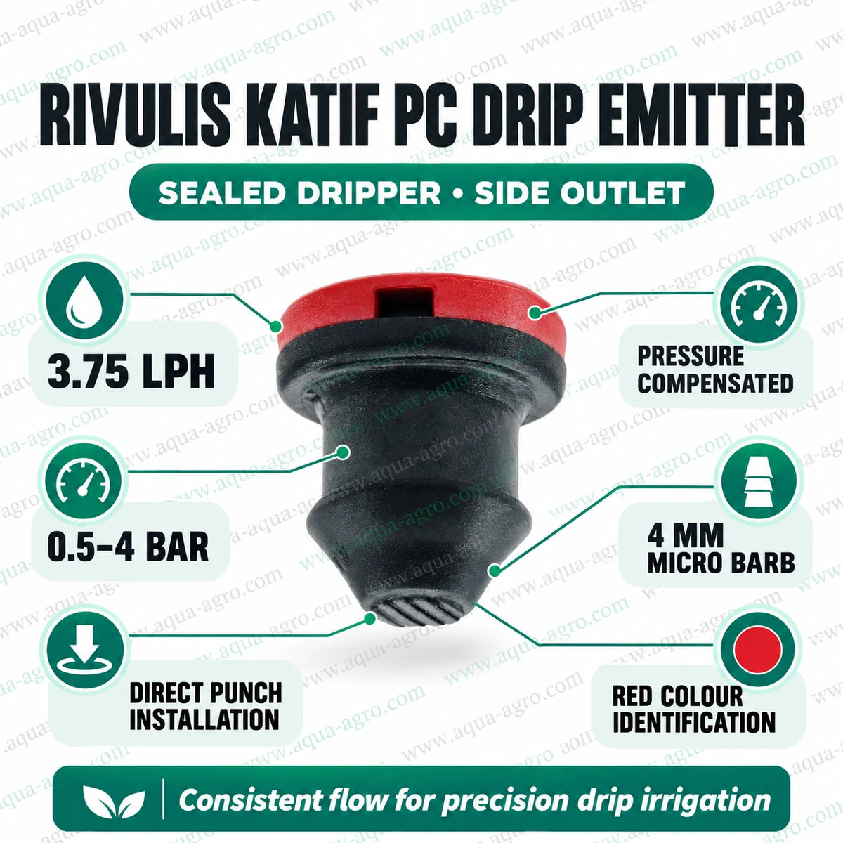 RIVULIS Katif red and black pressure compensated drip emitter 3.75 LPH with 4mm micro barbed inlet sealed side outlet and 0.5 to 4 bar operating pressure for precision drip irrigation systems