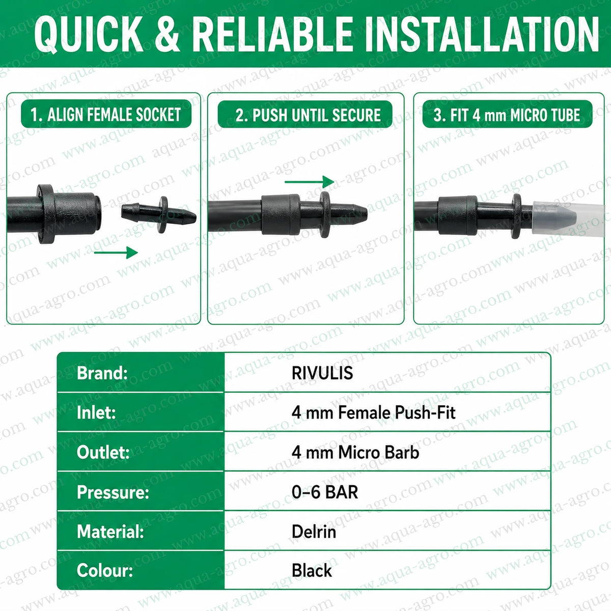RIVULIS 3x5mm barbed start connector black Delrin micro fitting with 4mm female push-fit inlet and micro-barbed outlet for drip irrigation micro tub