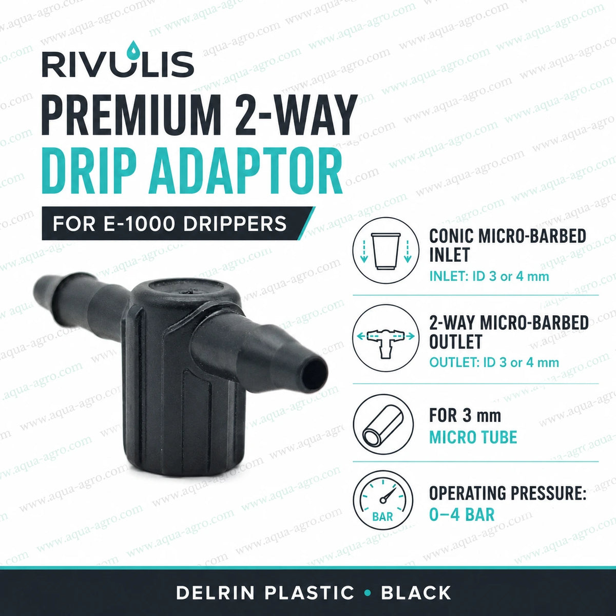 RIVULIS premium 2-way drip adaptor with 3mm micro barbed outlets for E-1000 drippers and microtube irrigation systems