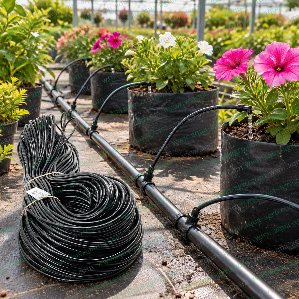 RIVULIS premium 3x5mm black soft PVC spaghetti micro tube 100m roll connected to drip emitters for watering flowering plants in nursery pots and greenhouse irrigation systems