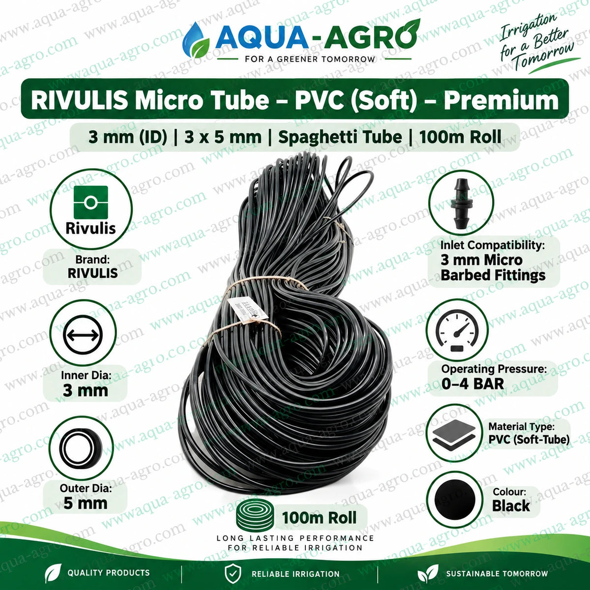 RIVULIS premium 3x5mm soft PVC micro irrigation tube 100 metre roll with 3mm inner diameter 5mm outer diameter and 0 to 4 bar operating pressure compatible with 3mm micro barbed fittings for drip irrigation