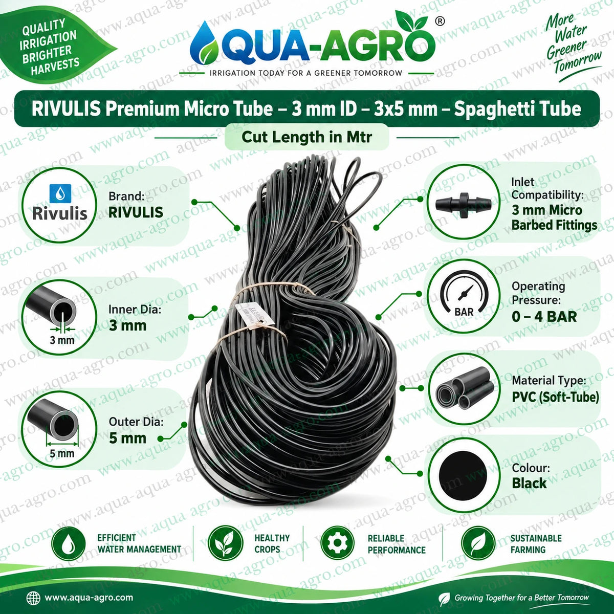 RIVULIS premium 3x5mm soft PVC micro irrigation tube cut length in metres with 3mm inner diameter 5mm outer diameter and 0 to 4 bar operating pressure compatible with 3mm micro barbed fittings for drip irrigation