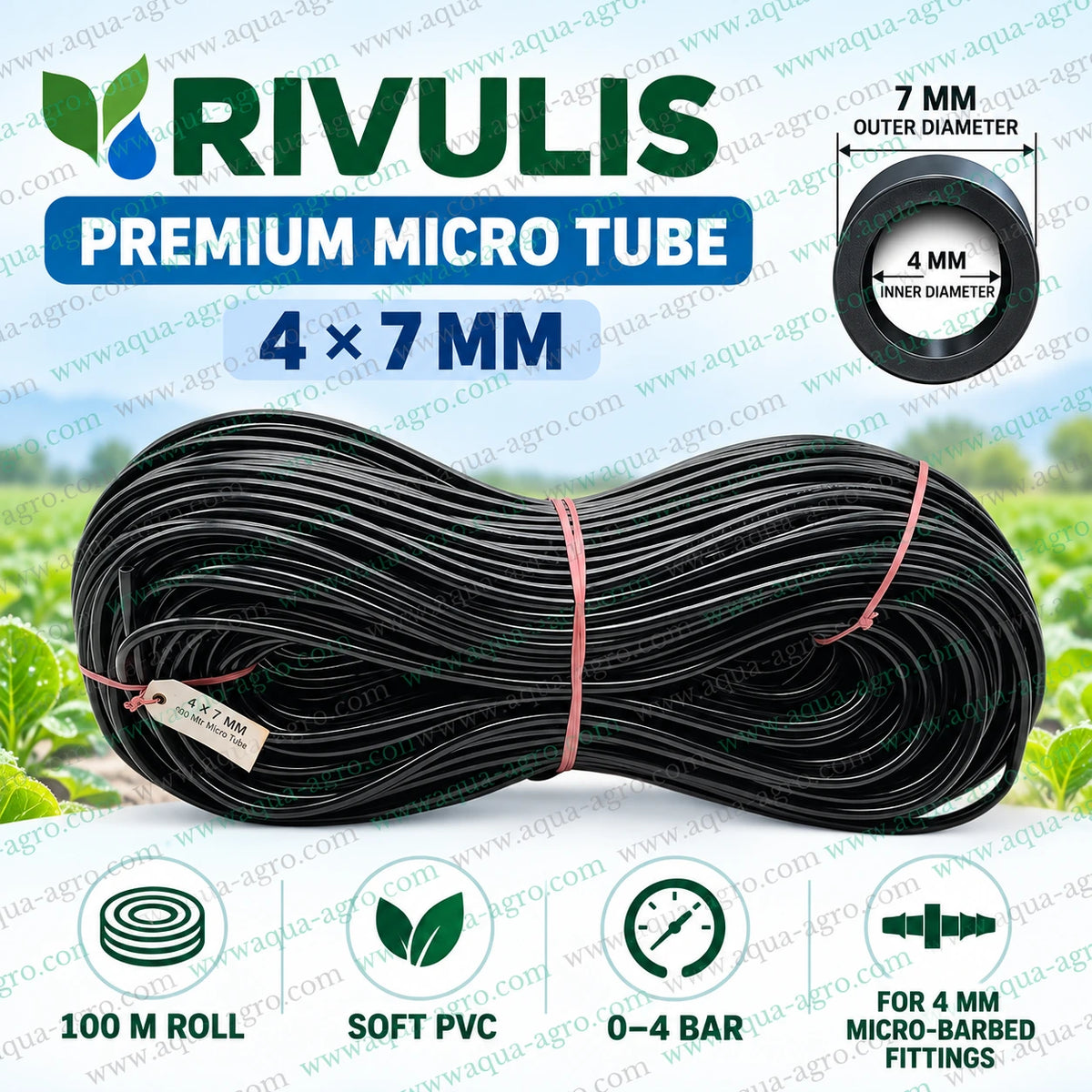 RIVULIS premium 4x7mm PVC micro irrigation tube 100 metre roll with 4mm inner diameter 7mm outer diameter and 0 to 4 bar operating pressure compatible with 4mm micro barbed fittings for drip irrigation