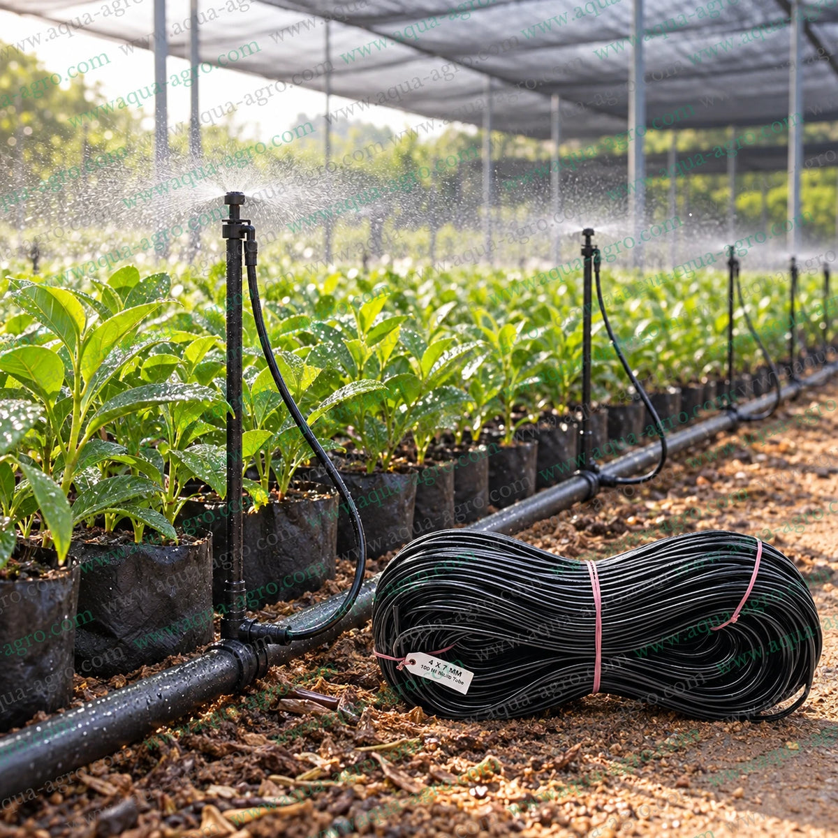 RIVULIS premium 4x7mm black soft PVC spaghetti micro tube 100m roll connected to micro sprinklers for irrigation of nursery plants and greenhouse crops