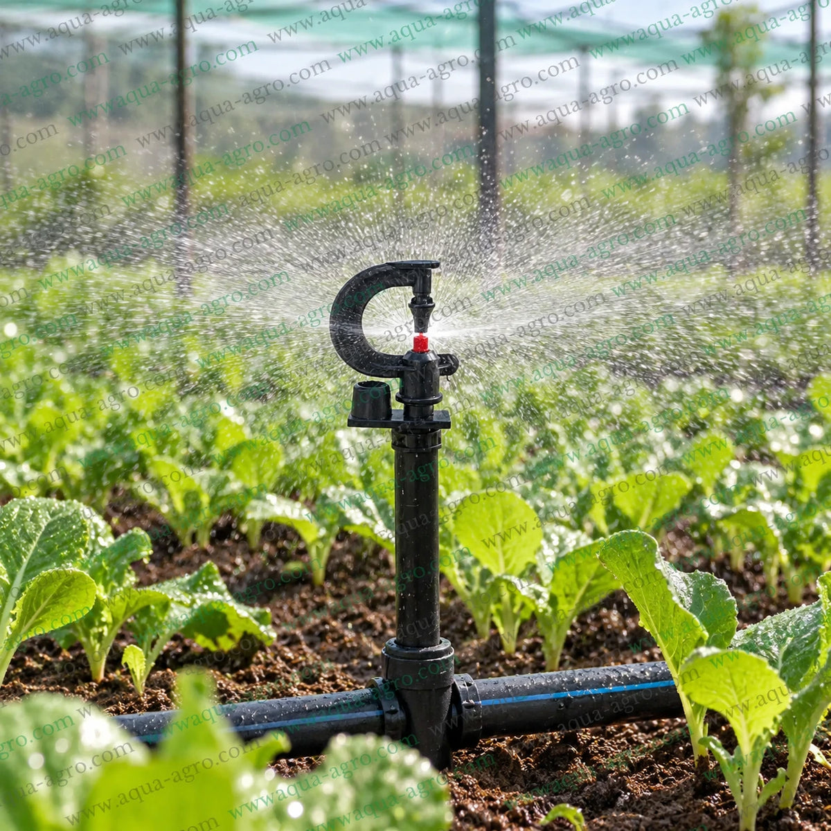 SUJAY S-Jet red micro sprinkler with 4mm micro threaded inlet 360 degree full circle swivel rotor 25 to 35 LPH discharge 6 to 8 feet radius for nursery garden and agricultural irrigation