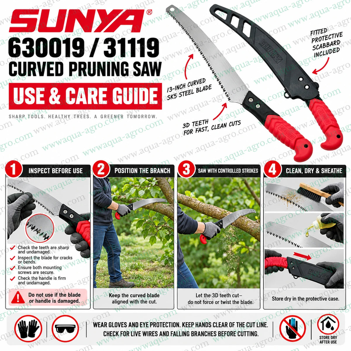 SUNYA 630019 31119 premium curved pruning hand saw with 13 inch SK5 steel blade 3D razor sharp teeth red soft grip handle and protective scabbard for tree branch cutting