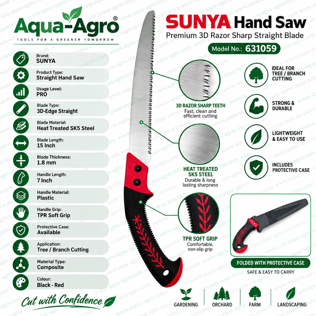 SUNYA 631059 professional hand saw with 3D edge straight blade heat treated SK5 steel 15 inch blade 1.8 mm thickness TPR soft grip handle and protective case for gardening orchard farm and landscaping