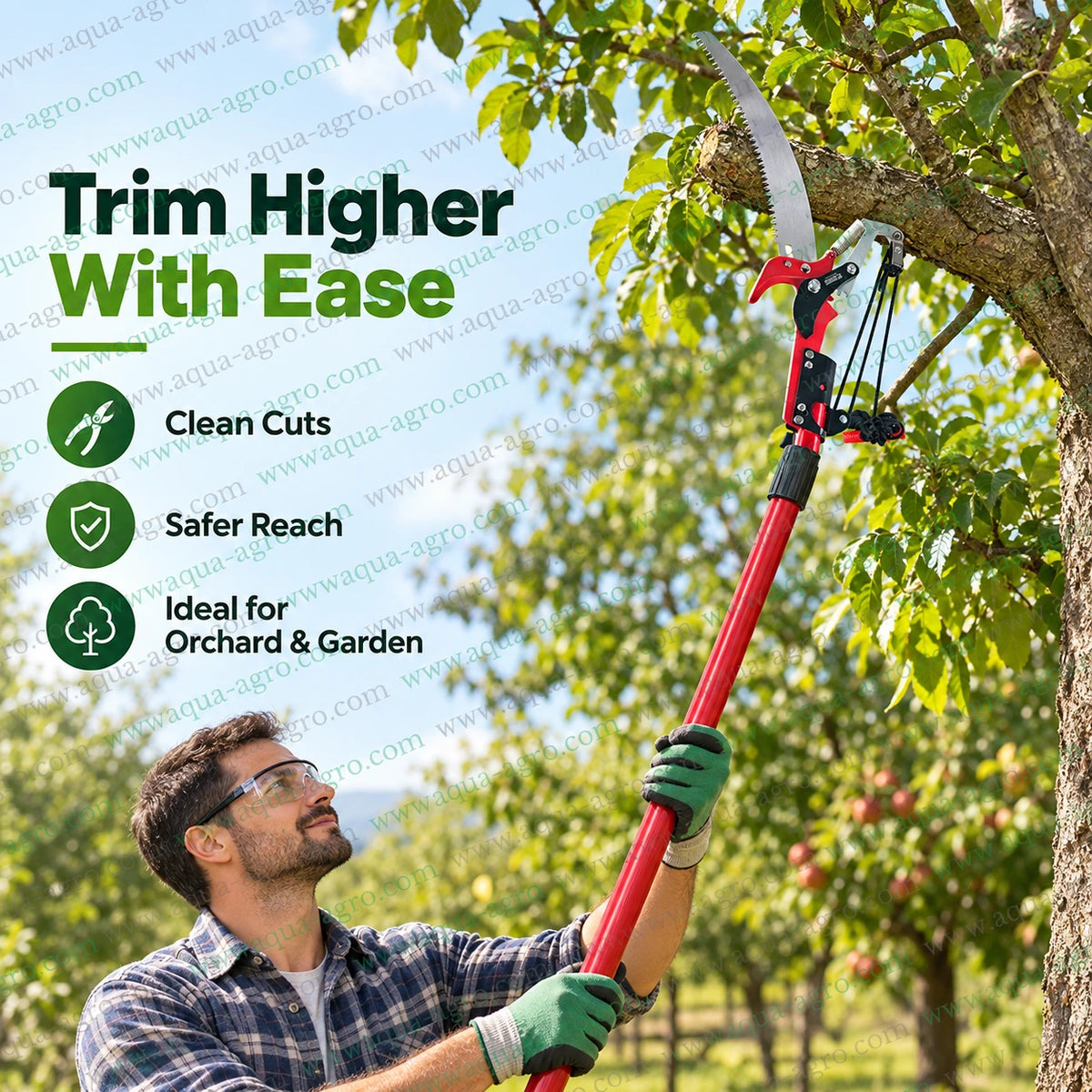 SUNYA 52502-C premium string action tree pruner with gear bypass blade curved saw attachment and long reach pole for orchard garden and high branch pruning