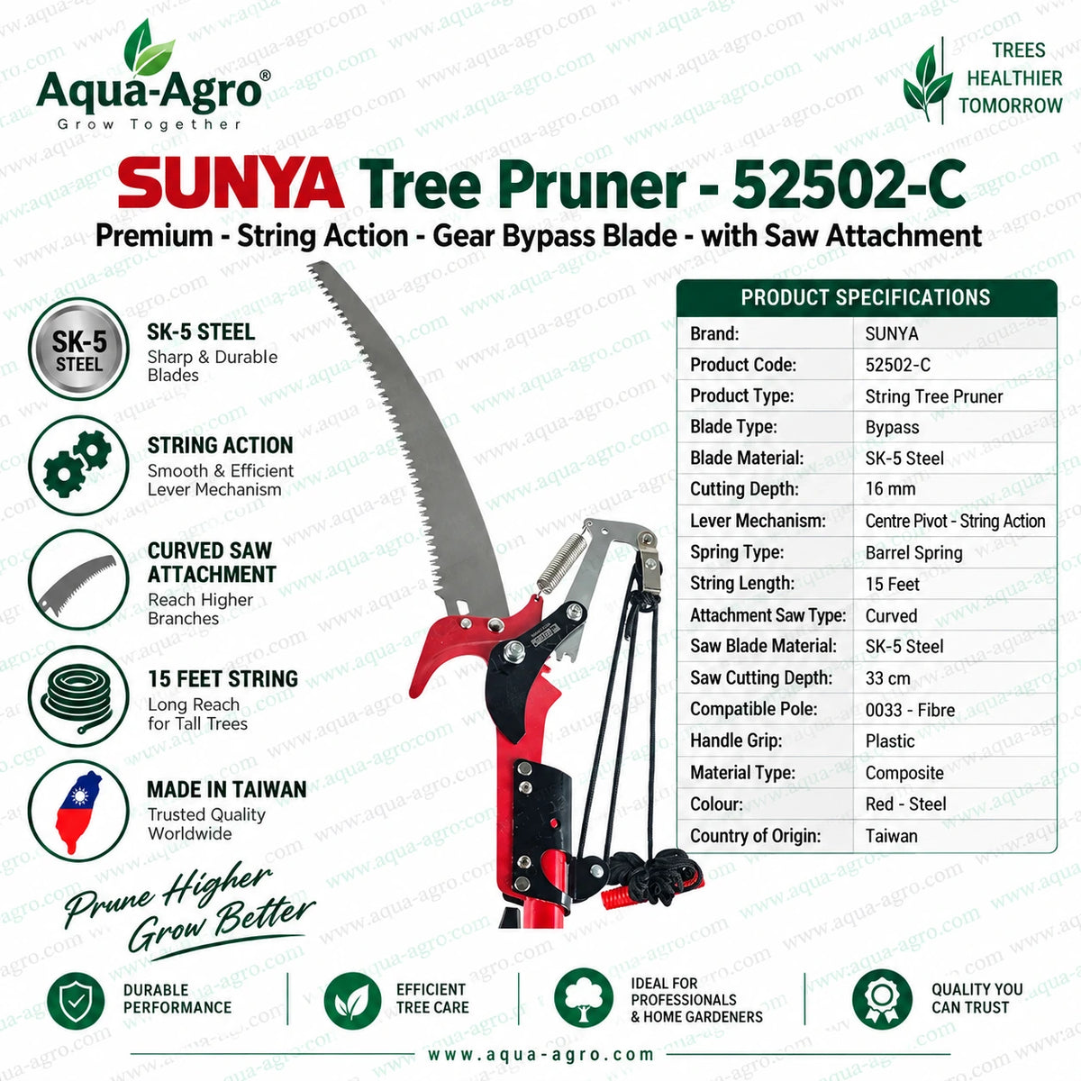 SUNYA 52502-C premium tree pruner with SK5 steel gear bypass blade curved saw attachment 15 feet string action and 33 cm saw cutting depth for professional tree pruning