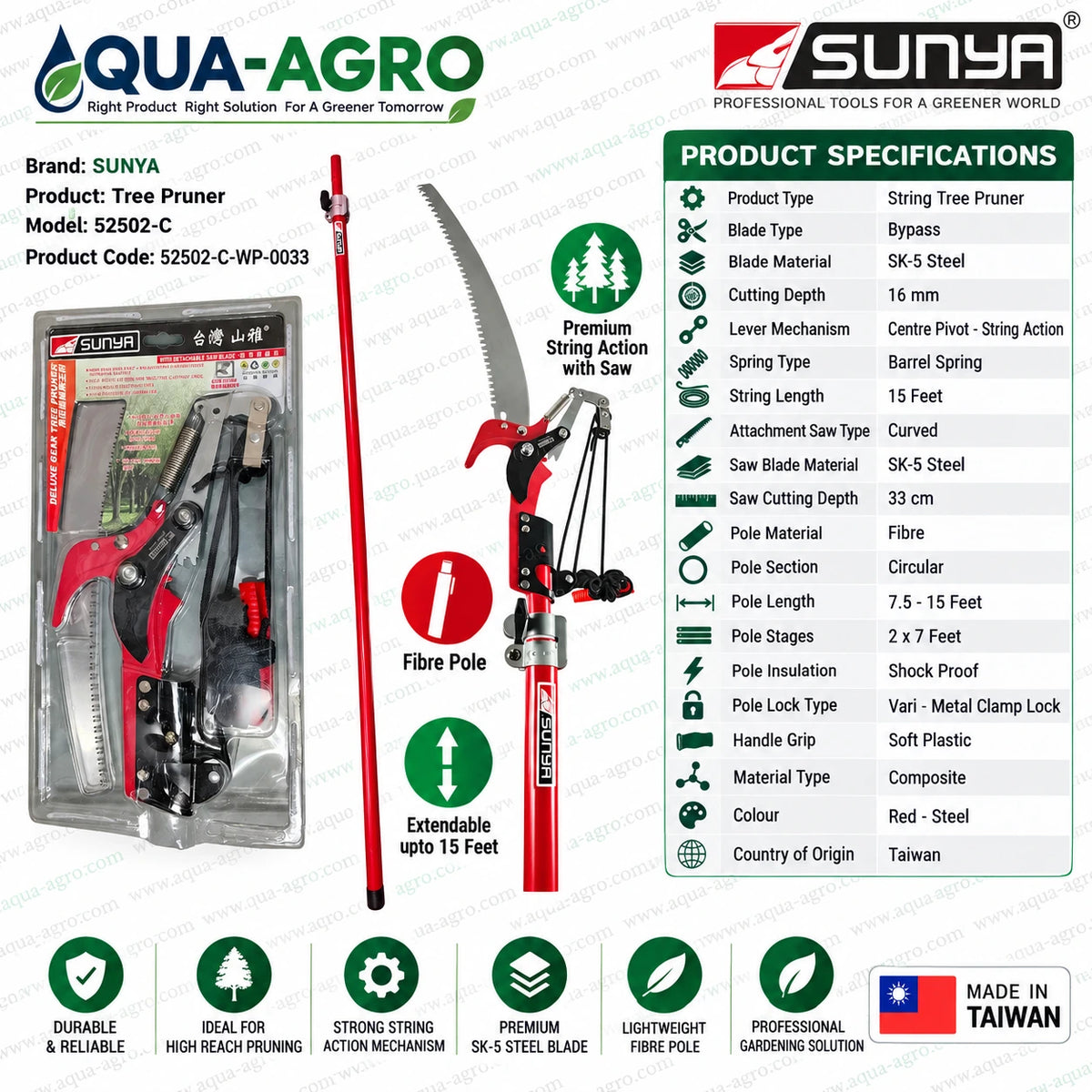 SUNYA 52502-C premium string action tree pruner with SK5 steel bypass blade curved saw attachment and extendable fibre pole up to 15 feet for high reach pruning