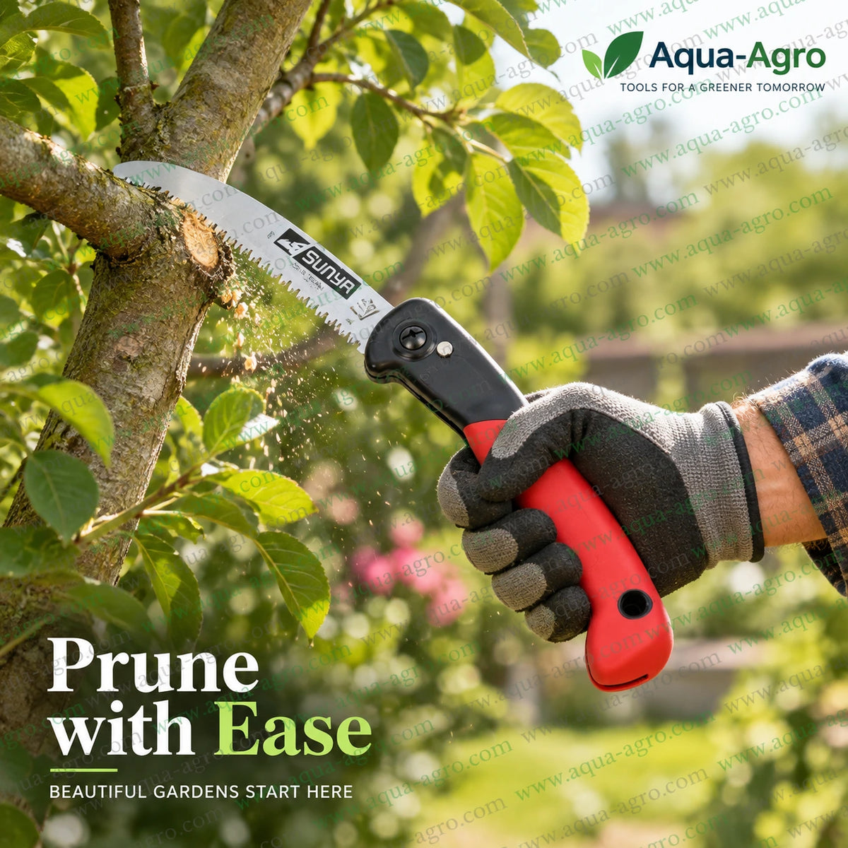 SUNYA 620019 folding pruning saw with premium curved blade and ergonomic red handle for clean tree branch cutting garden orchard and landscaping use
